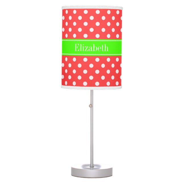 Coral Red, Wht Polka Dots Lime Green Name Monogram Table Lamp (Front)