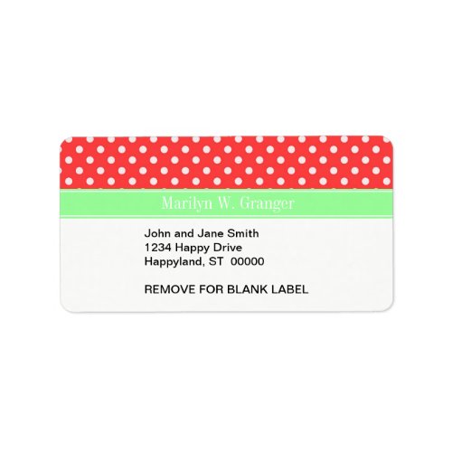 Coral Red Wht Polka Dots Mint Green Name Monogram Label