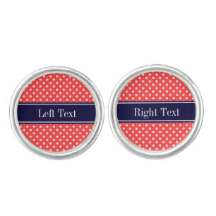 Coral Red, Wht Polka Dots Navy Blue Name Monogram Cufflinks