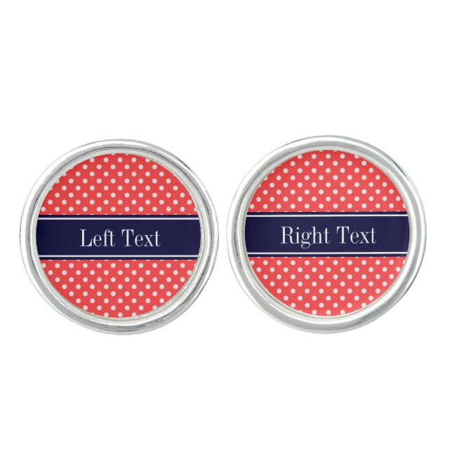 Coral Red, Wht Polka Dots Navy Blue Name Monogram Cufflinks (Front)