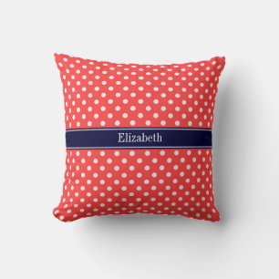 Coral Red, Wht Polka Dots Navy Blue Name Monogram Throw Pillow
