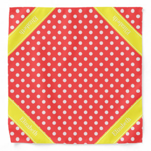 Coral Red, Wht Polka Dots Yellow Name Monogram Bandana