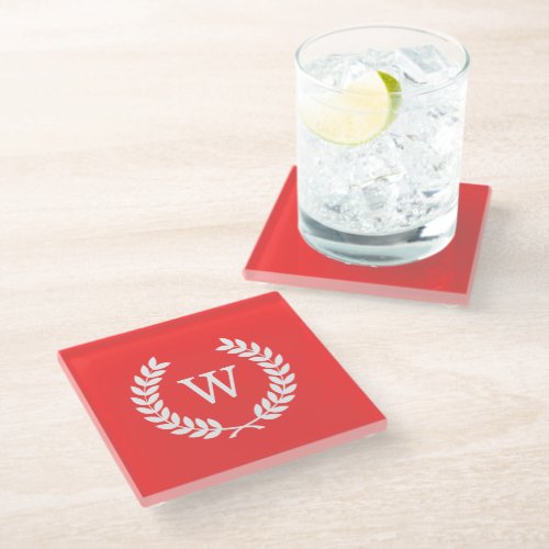 Coral Red Wht Wheat Laurel Wreath Initial Monogram Glass Coaster