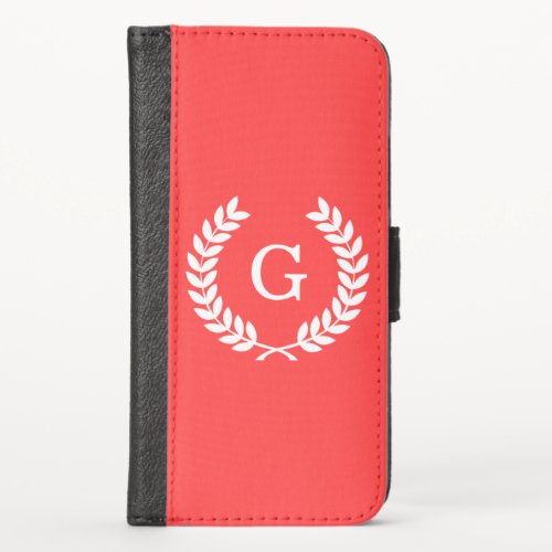 Coral Red Wht Wheat Laurel Wreath Initial Monogram iPhone X Wallet Case