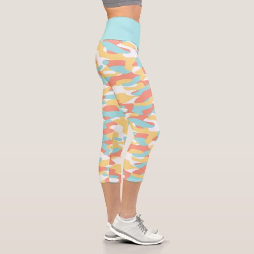 Coral Red Yellow Light Blue Camouflage Pattern Capri Leggings