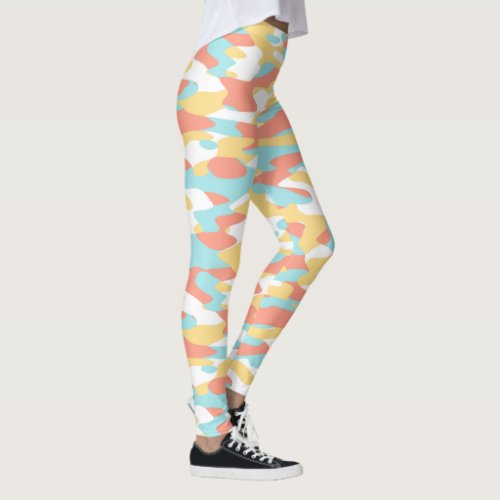 Coral Red Yellow Light Blue Camouflage Pattern Leggings