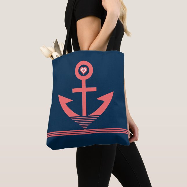 Coral-rede nautical boat anchor stripes and heart tote bag (Close Up)