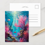 Coral Reef Abstract Ocean Modern Art Postcard<br><div class="desc">A modern abstract painting of an underwater ocean scene, featuring colorful fish swimming amidst vibrant coral in bright pastel hues of teal blue and pink. The abstract brushstrokes give the piece a flowing, dynamic feel, capturing the serene beauty and energy of the ocean. This playful and artistic interpretation brings the...</div>