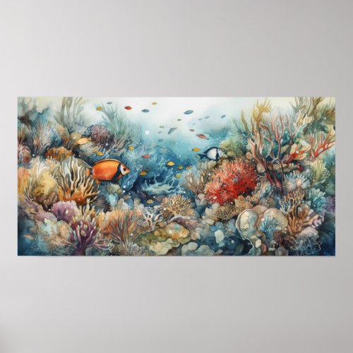 Coral reef and fishes watercolor poster