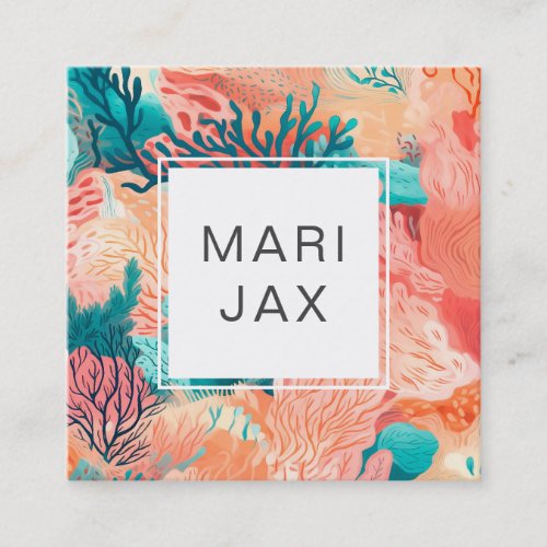 Coral reef and teal abstract square business card