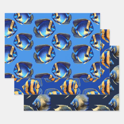 Coral reef angel fish blue orange pattern wrapping paper sheets