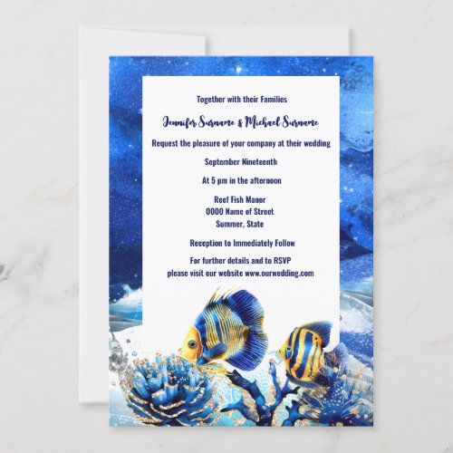 Coral reef chic blue gold butterfly fish beach invitation