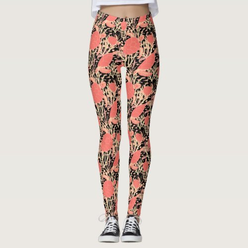 Coral Reef Cute Turtles and Fishes on Black Leggings