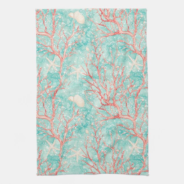 Coral Reef Dive Pattern Kitchen Towel (Vertical)