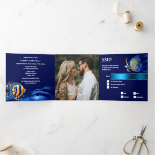 Coral reef fish tropical blue orange coastal chic Tri-Fold invitation