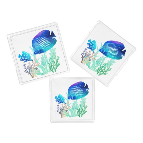 Coral Reef Fish Watercolor Style Marine Life Art Acrylic Tray