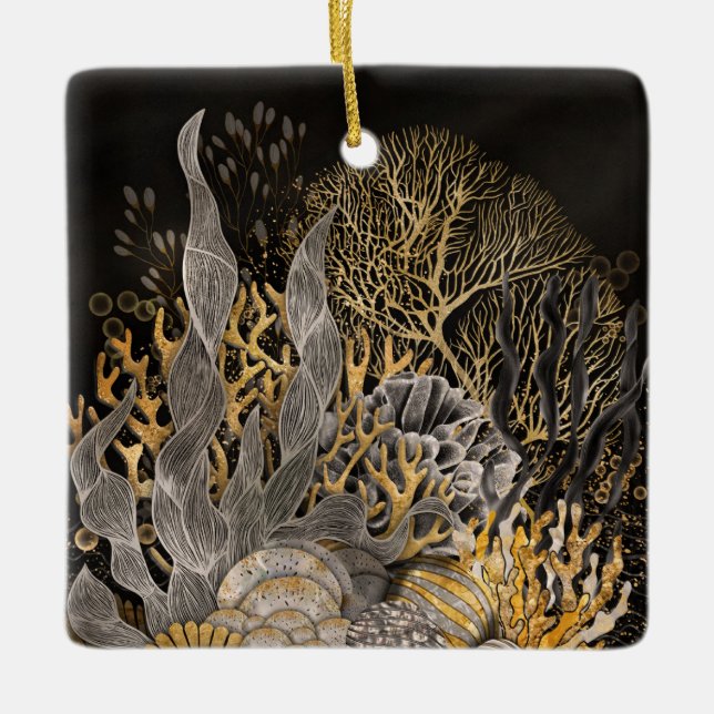 Coral Reef - Gold and Pearl Symphony Ceramic Ornament (Front)