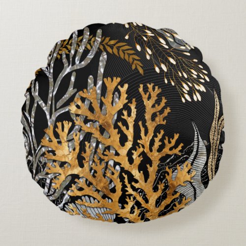 Coral Reef _ Gold and Pearl Symphony Round Pillow