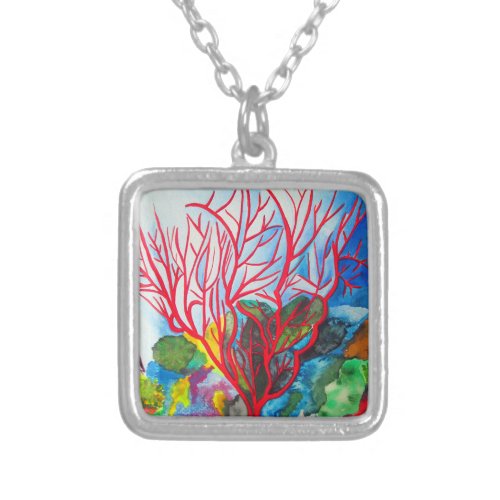 Coral reef Great Barrier Reef ocean art Silver Plated Necklace