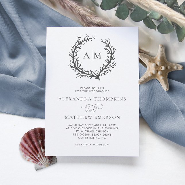 Coral Reef Nautical Dark Gray Minimal Wedding Invitation (Creator Uploaded)