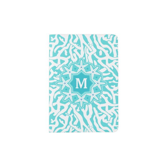 Coral Reef Nautical Starfish Monogram | Aqua Blue Passport Holder (Front)
