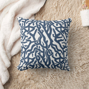 Coral Reef Pattern Navy Blue White Coastal Beach Throw Pillow