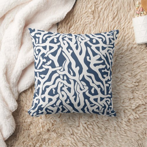 Coral Reef Pattern  White Navy Blue Coastal Beach Throw Pillow