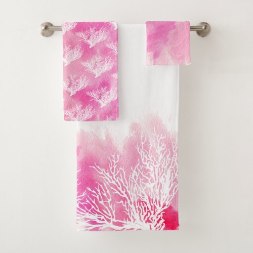 Coral reef pink watercolor nautical monogram bath towel set