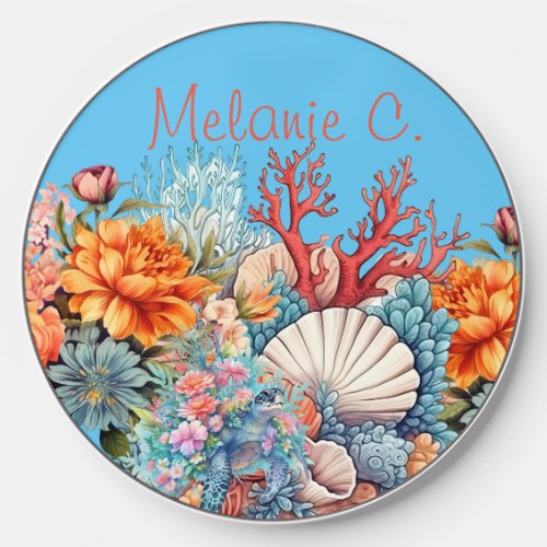Coral Reef Sea Turtle  Watercolor Wildflowers Wireless Charger