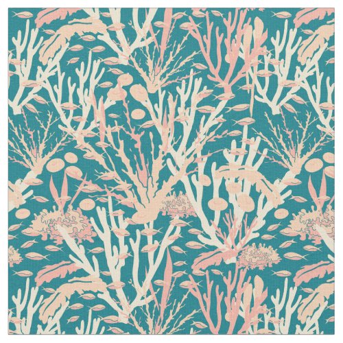 Coral Reef Seabed Pattern on Teal Blue Fabric