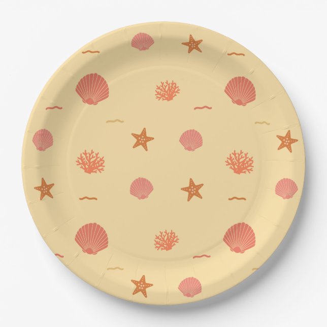 Coral Reef Seashell and Starfish Seamless Pattern  Paper Plates (Front)