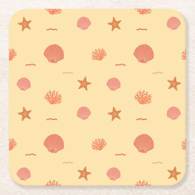 Coral Reef Seashell and Starfish Seamless Pattern  Square Paper Coaster (Front)
