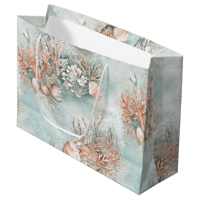 Coral Reef Seashells & Aqua Waves Pattern (10) Large Gift Bag (Front Angled)