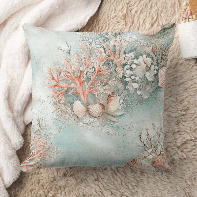 Coral Reef Seashells & Aqua Waves Pattern (10) Throw Pillow (Blanket)