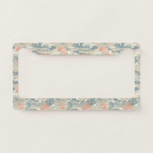Coral Reef Seashells & Aqua Waves Pattern (14) License Plate Frame (Front)