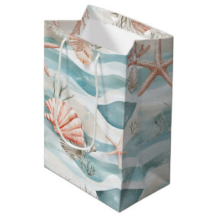 Coral Reef Seashells & Aqua Waves Pattern (4) Medium Gift Bag