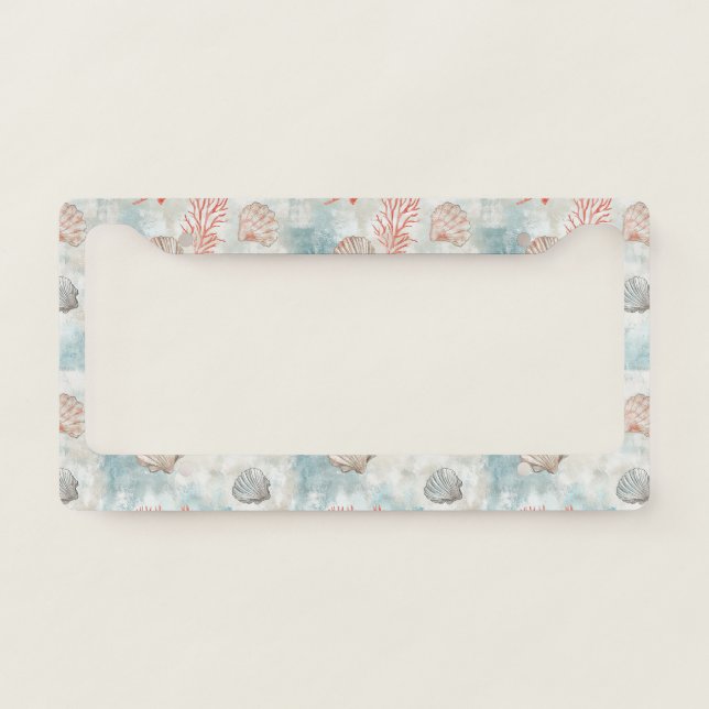 Coral Reef Seashells & Aqua Waves Pattern (7) License Plate Frame (Front)