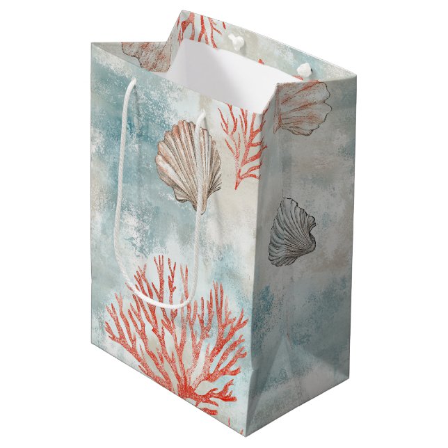 Coral Reef Seashells & Aqua Waves Pattern (7) Medium Gift Bag (Front Angled)