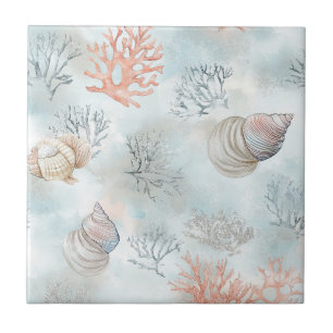Coral Reef Seashells & Aqua Waves Pattern Ceramic Tile