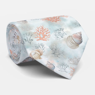 Coral Reef Seashells & Aqua Waves Pattern Neck Tie