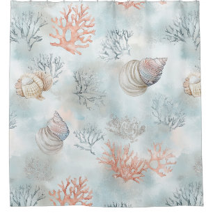 Coral Reef Seashells & Aqua Waves Pattern Shower Curtain