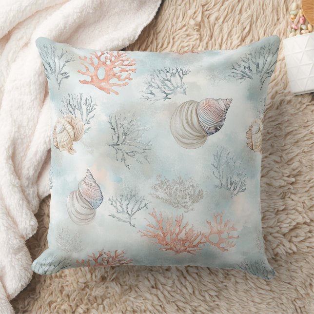 Coral Reef Seashells & Aqua Waves Pattern Throw Pillow (Blanket)