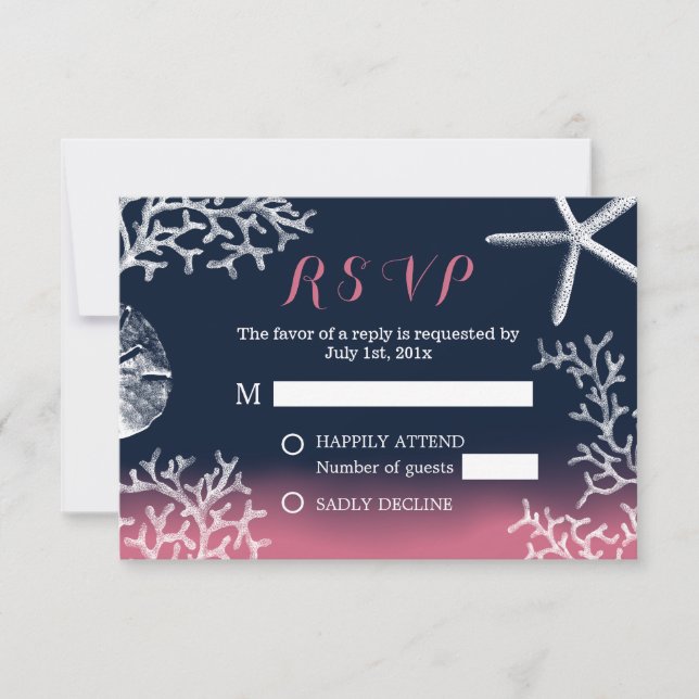 Coral Reef Starfish Navy Pink Beach Wedding RSVP (Front)