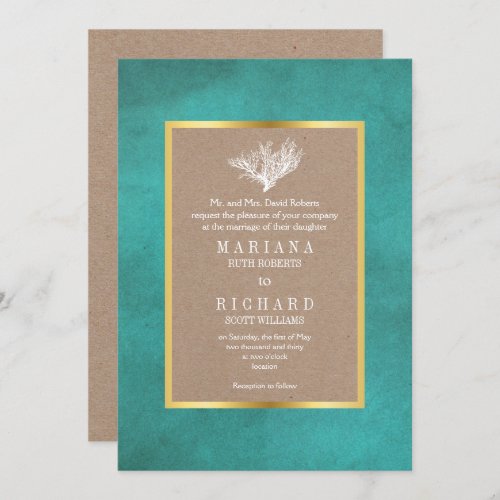 Coral reef teal blue  kraft paper beach wedding invitation