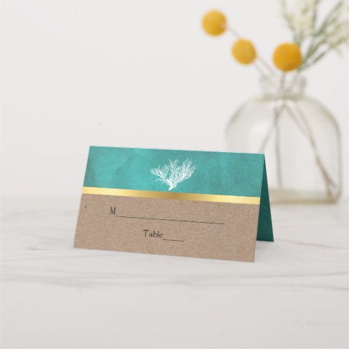 Coral reef teal sand beach wedding folded escort place card