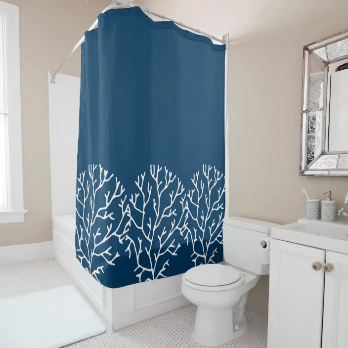 C Reef Theme Stylish Pattern, Teal Blue And White Shower Curtain