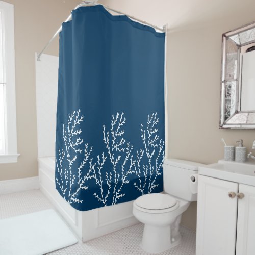 Coral Reef Theme Stylish Teal Blue Seaweed Pattern Shower Curtain