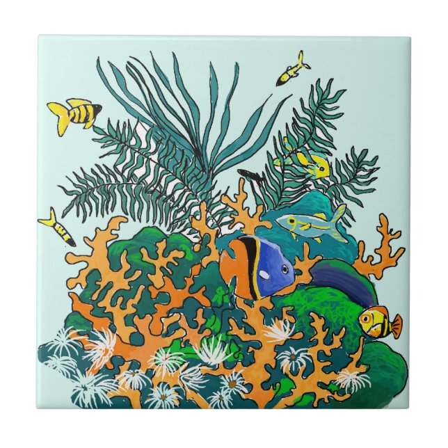 Coral Reef Tropical Fish Aquarium Illustration Ceramic Tile (Front)