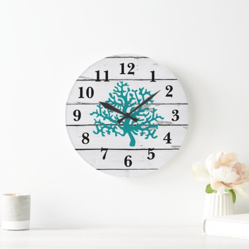 Coral Reef Turquoise Beach Decor Rustc Shiplap Large Clock | Zazzle