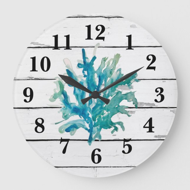 Coral Reef Turquoise Beach Decor Rustc Shiplap Large Clock (Front)
